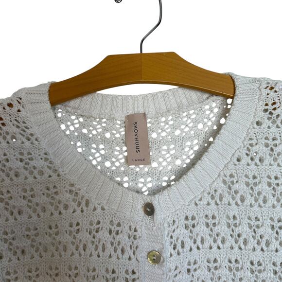 Skovhuus Short Sleeve Cardigan Button Front Sweater White Knit Granny Coastal L - Picture 5 of 8